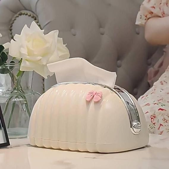 Elegant Ribbed Tissue Box Holder with Metal Handle & Bow Detail | Aesthetic Home Decor Tissue Case