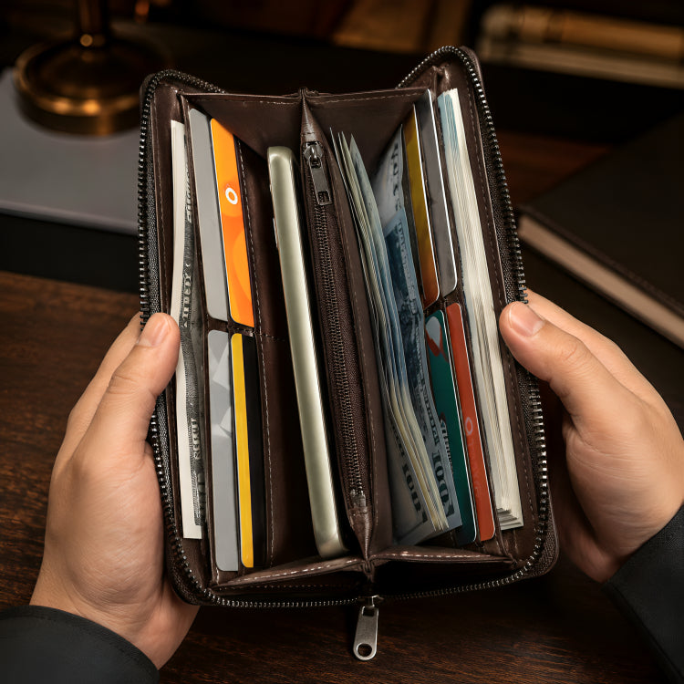 Men's Long Leather Wallet – Large Capacity Zipper Clutch with Card Holder & Phone Pocket
