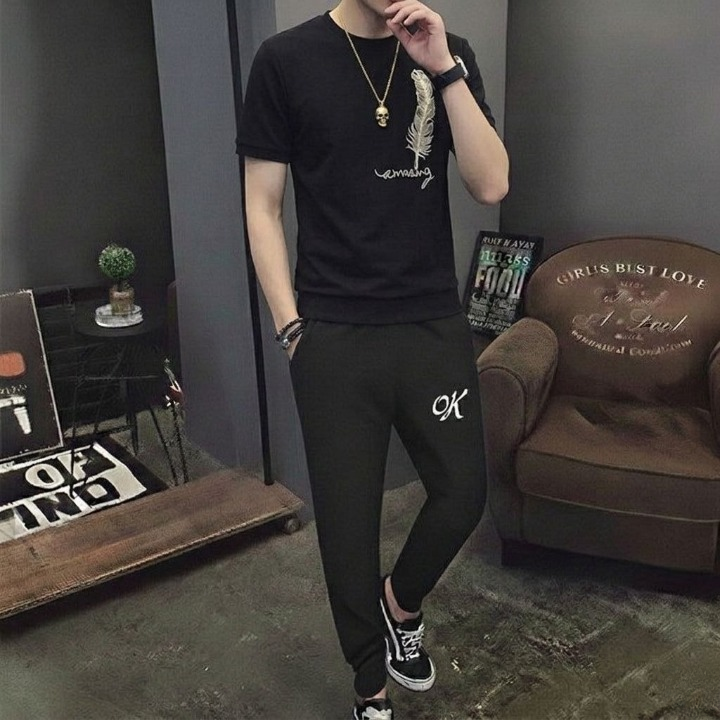 Men's 2-Piece Casual Streetwear Set – Matte Black