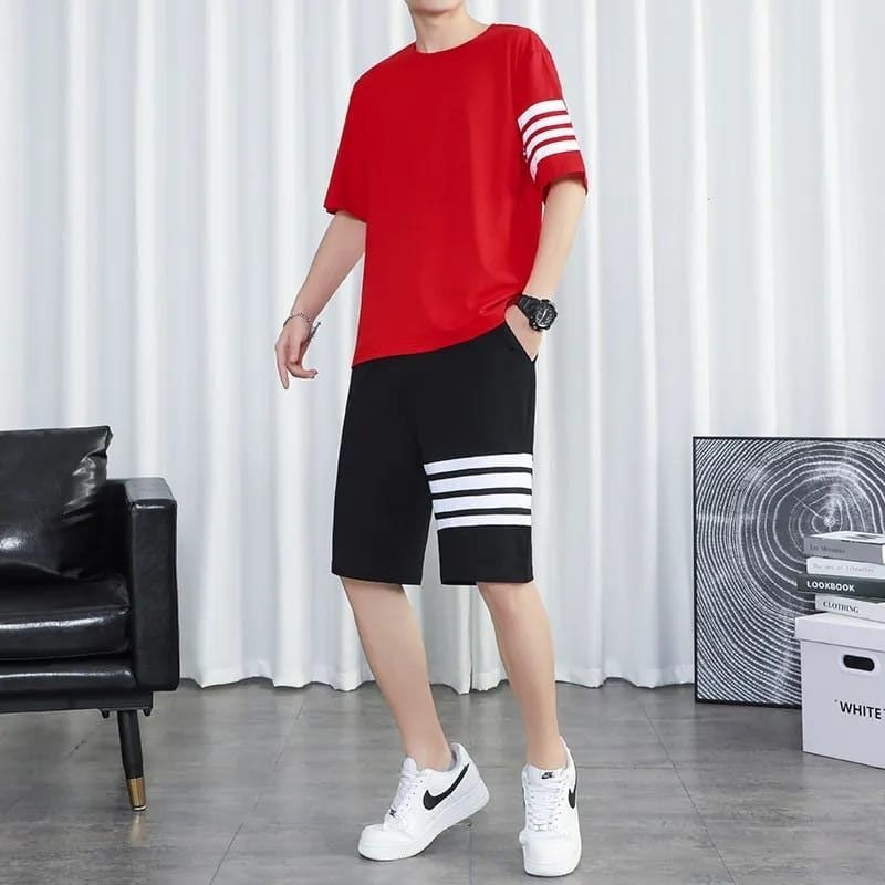 Men's Casual Red T-Shirt and Black Shorts Set