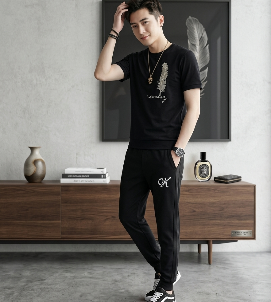 Men's 2-Piece Casual Streetwear Set – Matte Black