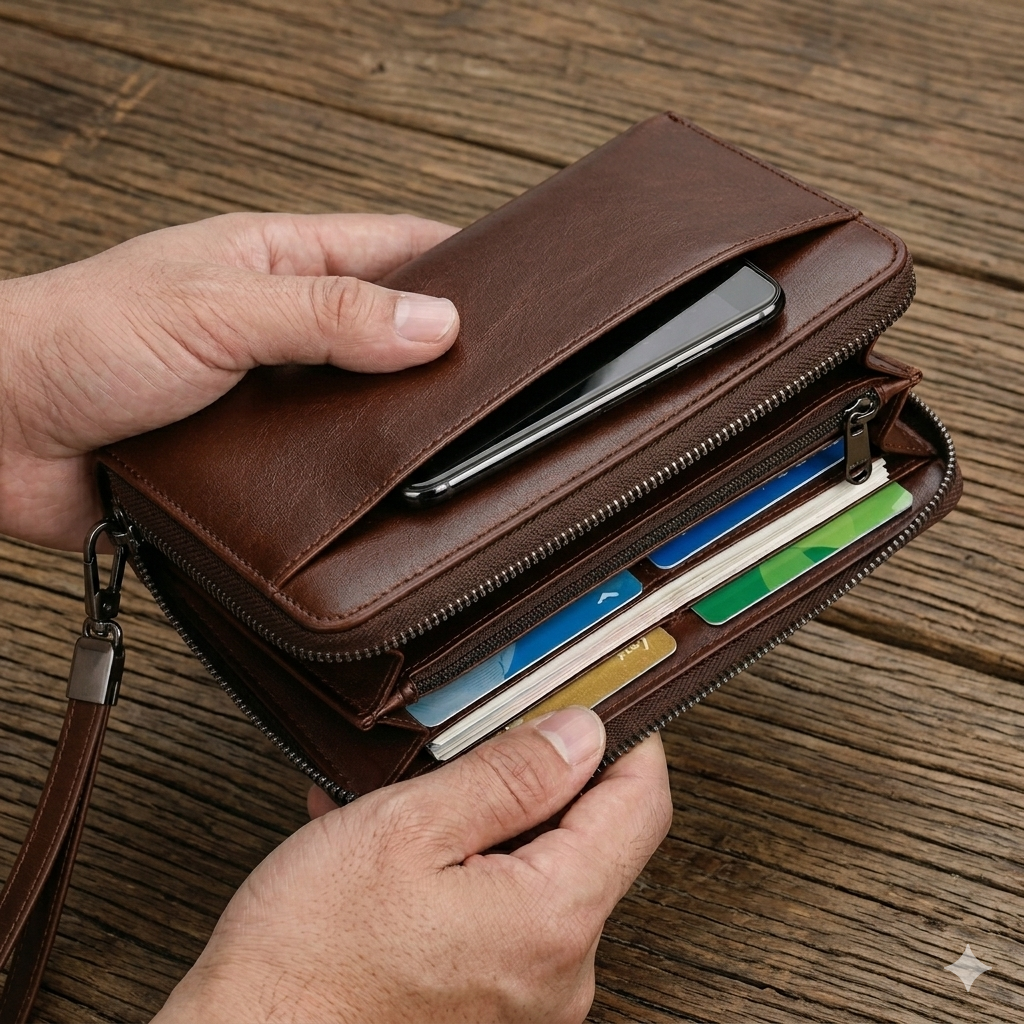 Men's Long Leather Wallet – Large Capacity Zipper Clutch with Card Holder & Phone Pocket