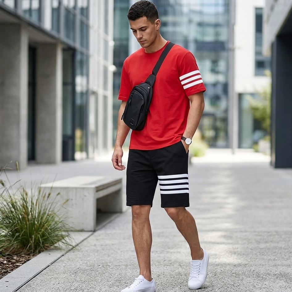 Men's Casual Red T-Shirt and Black Shorts Set