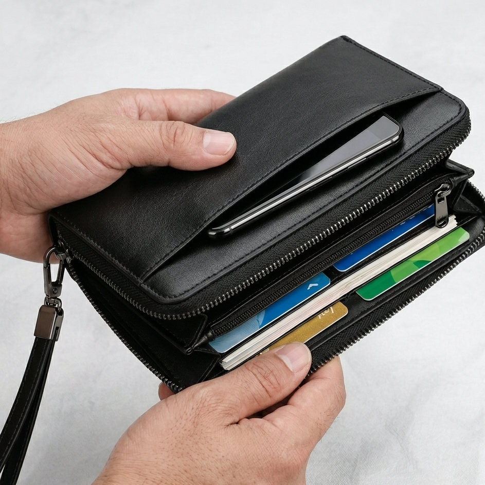 Men's Long Leather Wallet – Large Capacity Zipper Clutch with Card Holder & Phone Pocket