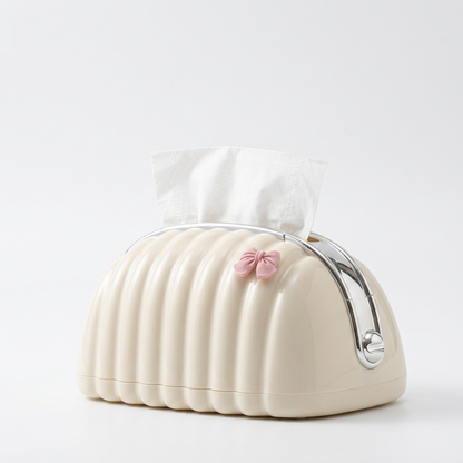 Elegant Ribbed Tissue Box Holder with Metal Handle & Bow Detail | Aesthetic Home Decor Tissue Case