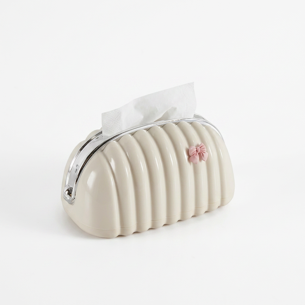 Elegant Ribbed Tissue Box Holder with Metal Handle & Bow Detail | Aesthetic Home Decor Tissue Case