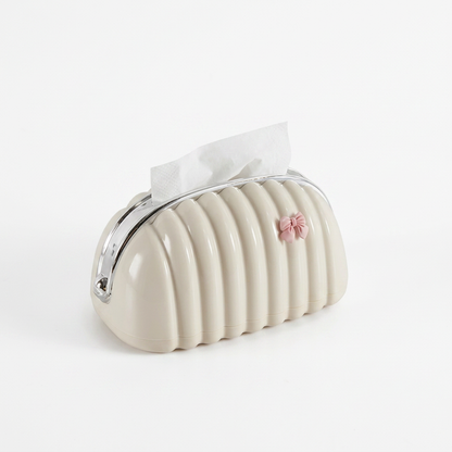 Elegant Ribbed Tissue Box Holder with Metal Handle & Bow Detail | Aesthetic Home Decor Tissue Case