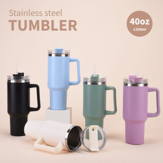 40oz Insulated Tumbler with Handle and Straw – Stainless Steel Vacuum Cup, Thermal Travel Mug for Iced Coffee, Car Cup 1200ml