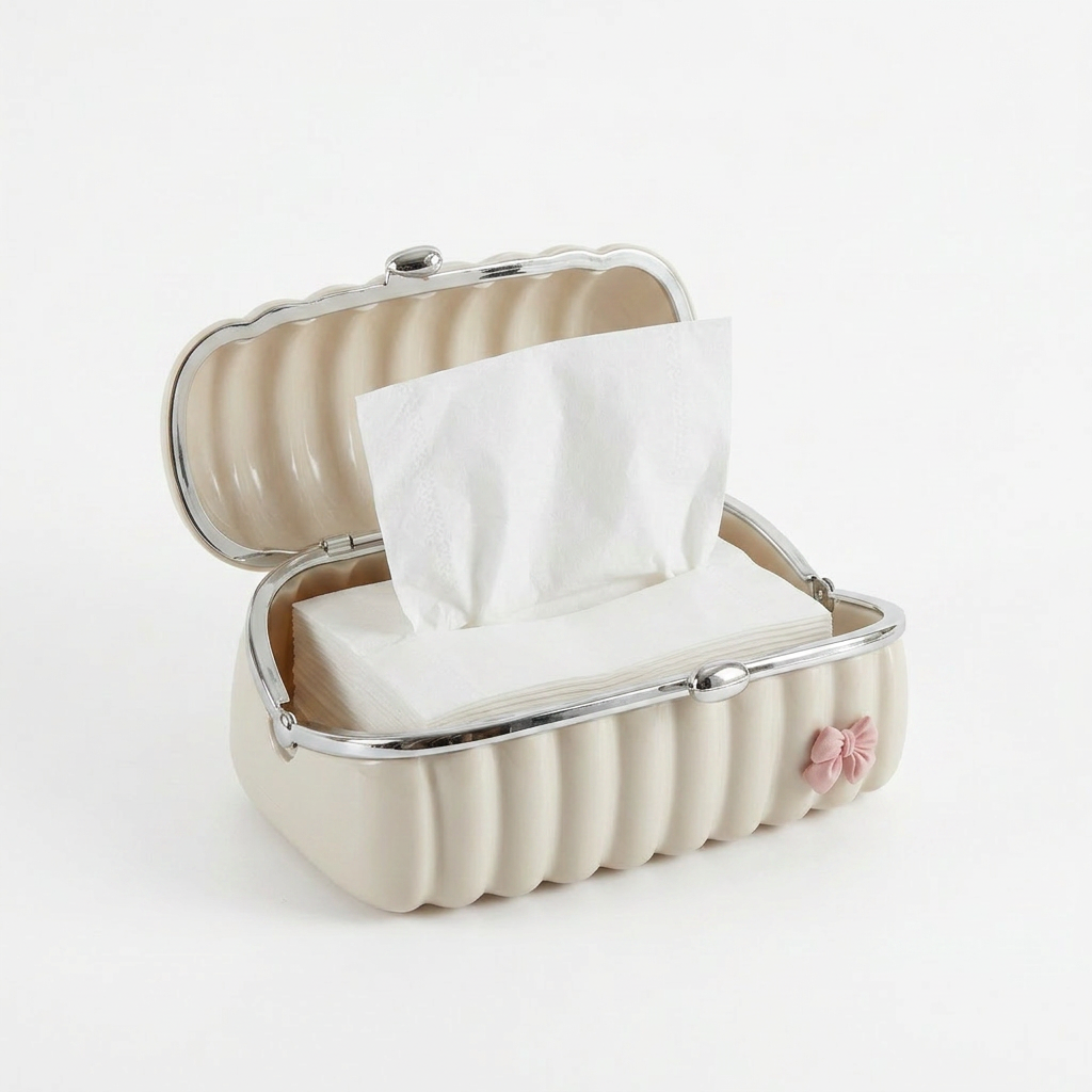 Elegant Ribbed Tissue Box Holder with Metal Handle & Bow Detail | Aesthetic Home Decor Tissue Case