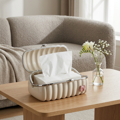Elegant Ribbed Tissue Box Holder with Metal Handle & Bow Detail | Aesthetic Home Decor Tissue Case