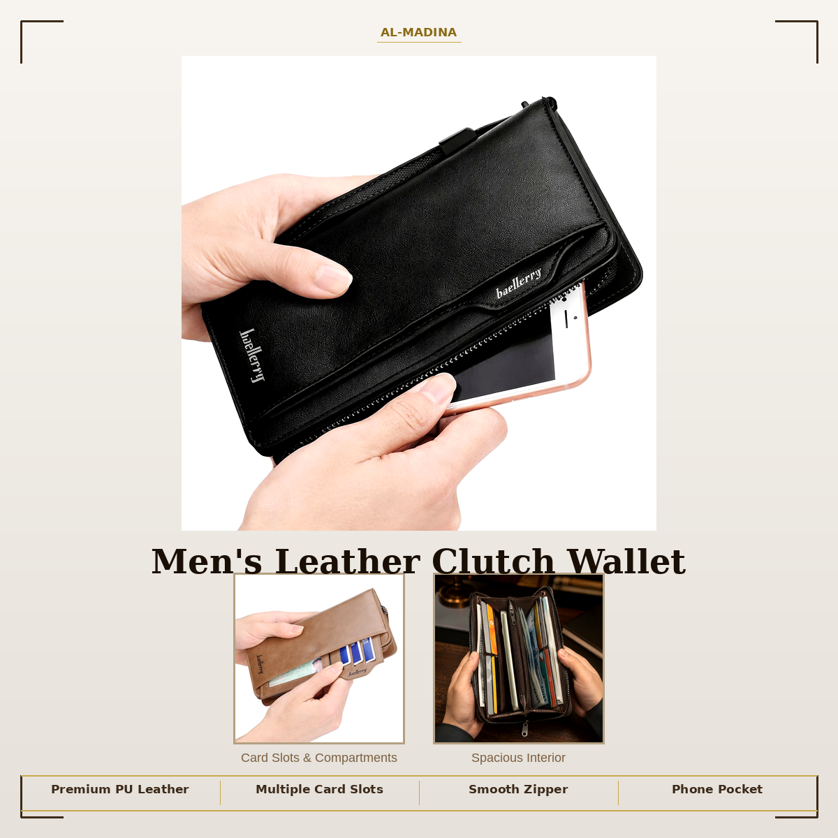 Men's Long Leather Wallet – Large Capacity Zipper Clutch with Card Holder & Phone Pocket